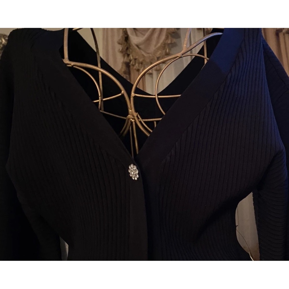 Express Black Ribbed V-Neck Dress with Rhinestone Button - Picture 5 of 7